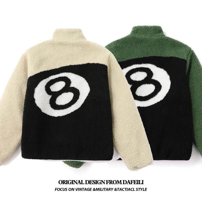Double sided wear retro American high street black eight black 8 billiards flocked lambskin fleece z 80 from Weidian