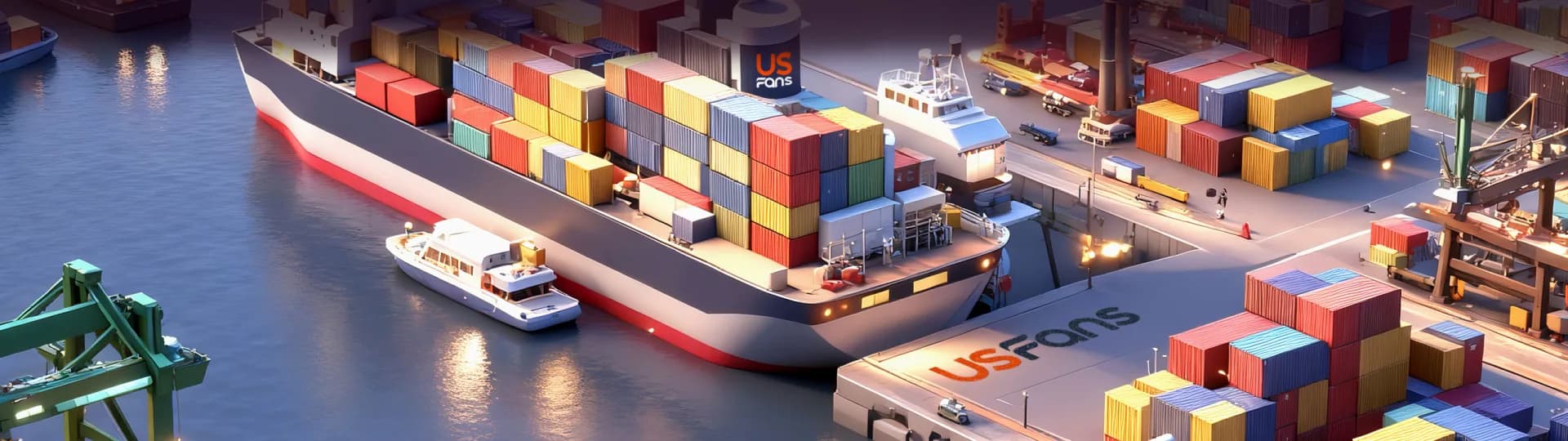 USFans shipping port illustration — containers and cargo ships representing USFans parcel forwarding from China