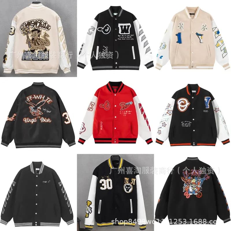 High version OF home 25SS autumn and winter new OW letter pattern leather towel embroidered baseball uniform men s and women s jackets 19 — clothing from Weidian