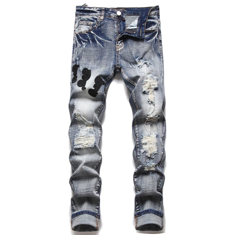 AM foreign trade style punk retro blue hole slim elastic printing dyeing skinny men's jeans from 1688