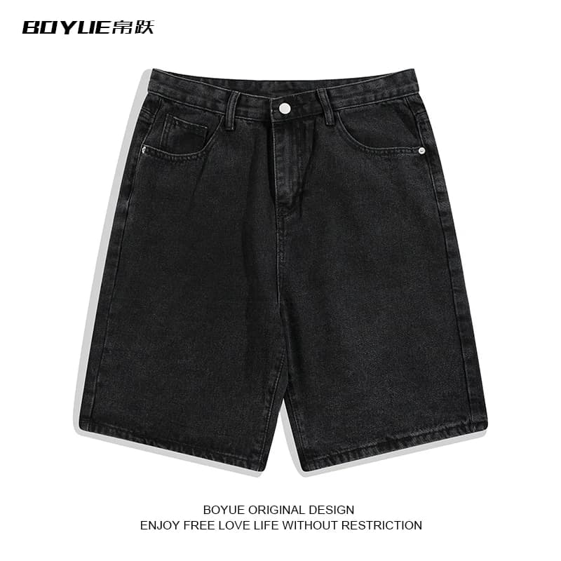 BOYUE summer casual solid color denim shorts men's high street five point straight pants trendy brand ins handsome loose from Taobao