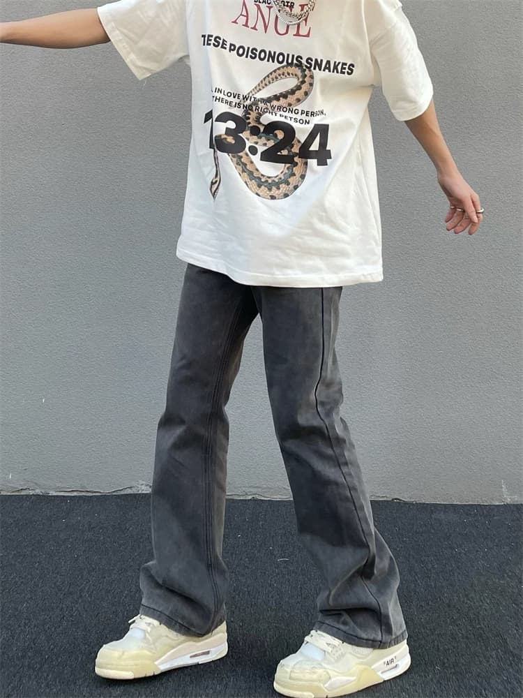 American retro washed gray straight slim jeans men's trend vibe style high street slim flared pants ins from Taobao