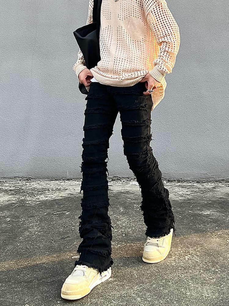 Erosion damaged raw edge vintage jeans men ins trendy brand American high street straight slim flared trousers from Taobao