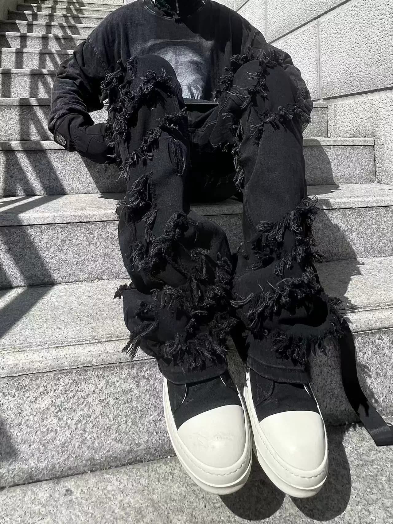 TRB Dark High Street RO Functional Wind Double layer Knife Cut Damaged Micro flared Trousers Erosion Ribbon Loose Jeans from Taobao