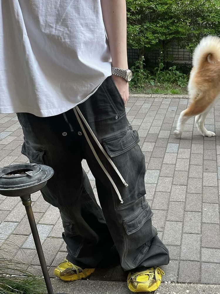 Ro acbt washed smoke gray gradient multi pocket workwear straight casual drawstring wide leg flared jeans men from Taobao