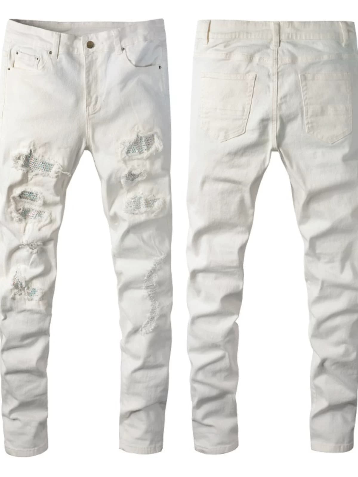 New European and American high street Internet celebrity brand hot diamond patch hole elastic slim fit white skinny jeans for men from Taobao