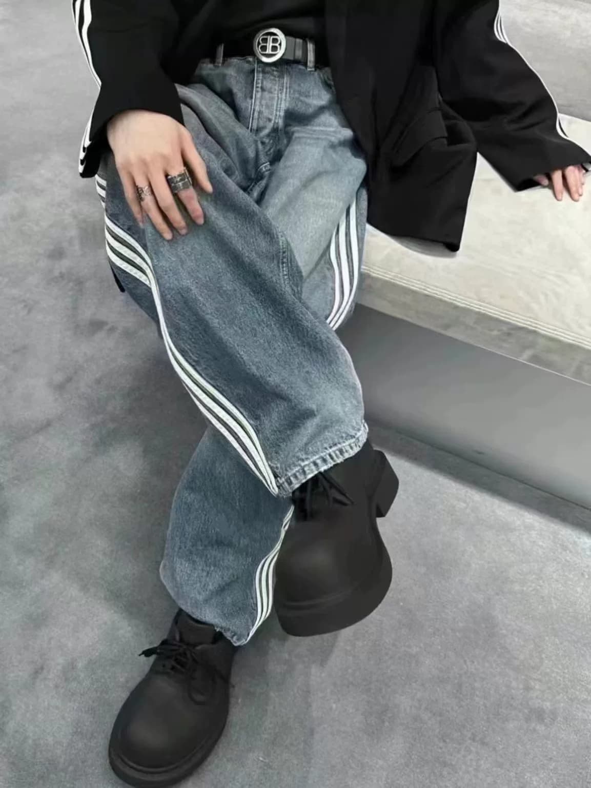 BLCG 23ss new joint AD large baggy three bar washed show straight leg jeans from Taobao