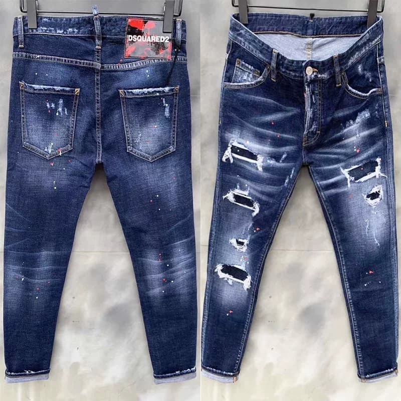 Autumn and winter New broken paint men's slim fit hole patch stretch D2 Jeans skinny pants from Taobao