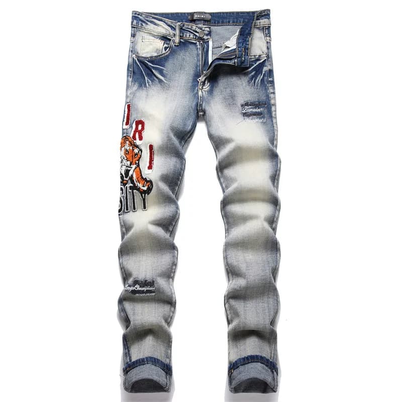 AM foreign trade men's autumn new punk men's jeans ripped casual trousers slim fit small waist men's trousers from Taobao
