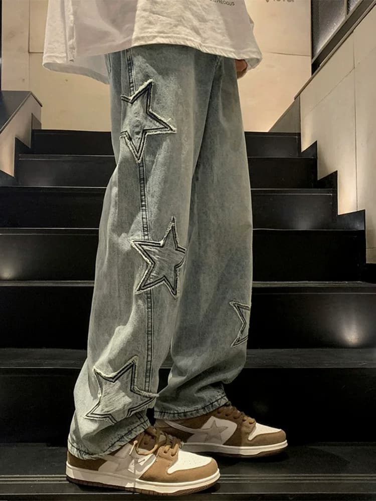 Pentagram jeans men's summer American high street 2024 new trendy straight loose wide leg trendy pants from Taobao