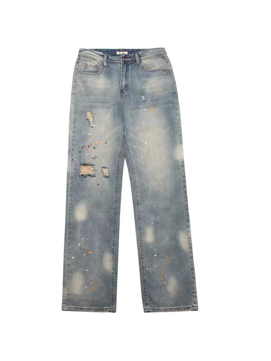 American street vibe style splash ink washed distressed high street ripped jeans ins men and women loose straight trousers from Taobao