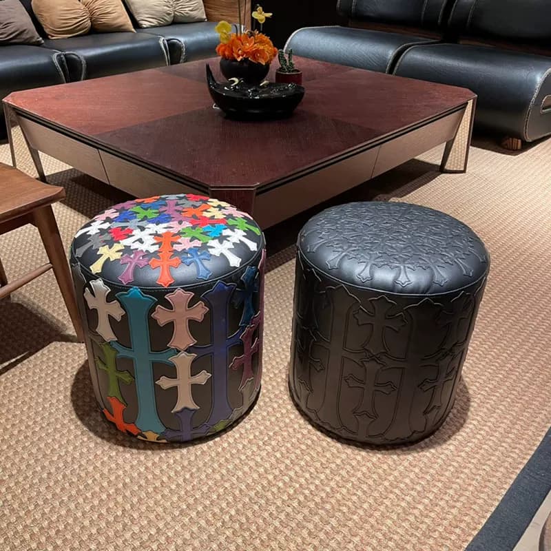 Limited edition handmade heavy duty lychee leather cross collage round sofa coffee table stool pier shoe bench from Taobao