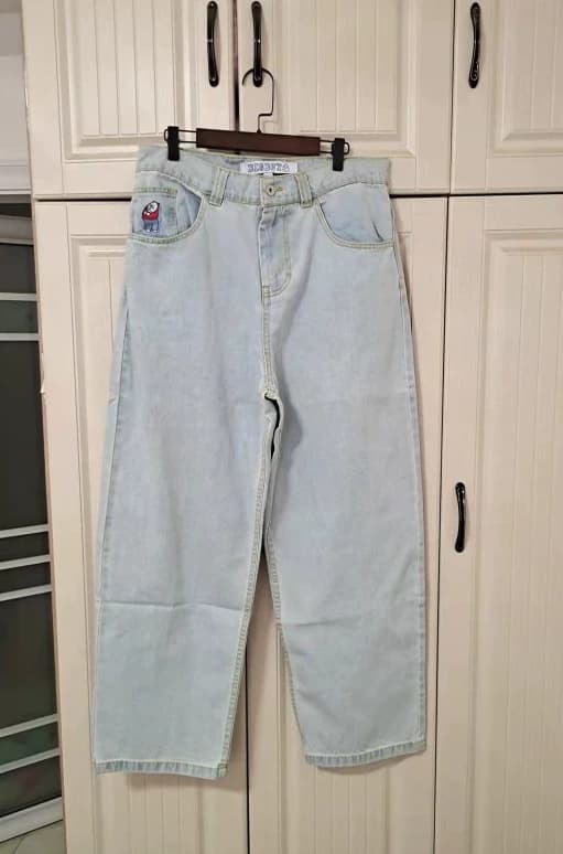 Trendy hip hop skateboard Wang Yibo same style straight pants street loose trousers jeans wide leg loose trendy casual from Taobao