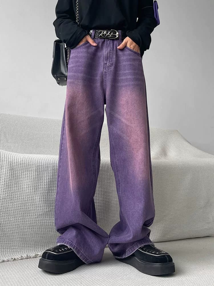 SHUNP niche high end purple straight loose casual jeans ins trendy wide leg slim trousers men from Taobao