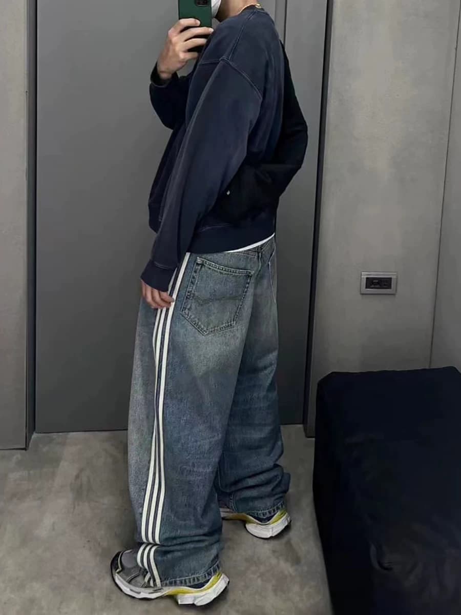 American style 23ss washed striped wide leg jeans men's three bars high street fashion brand loose straight all matching wide leg pants from Taobao