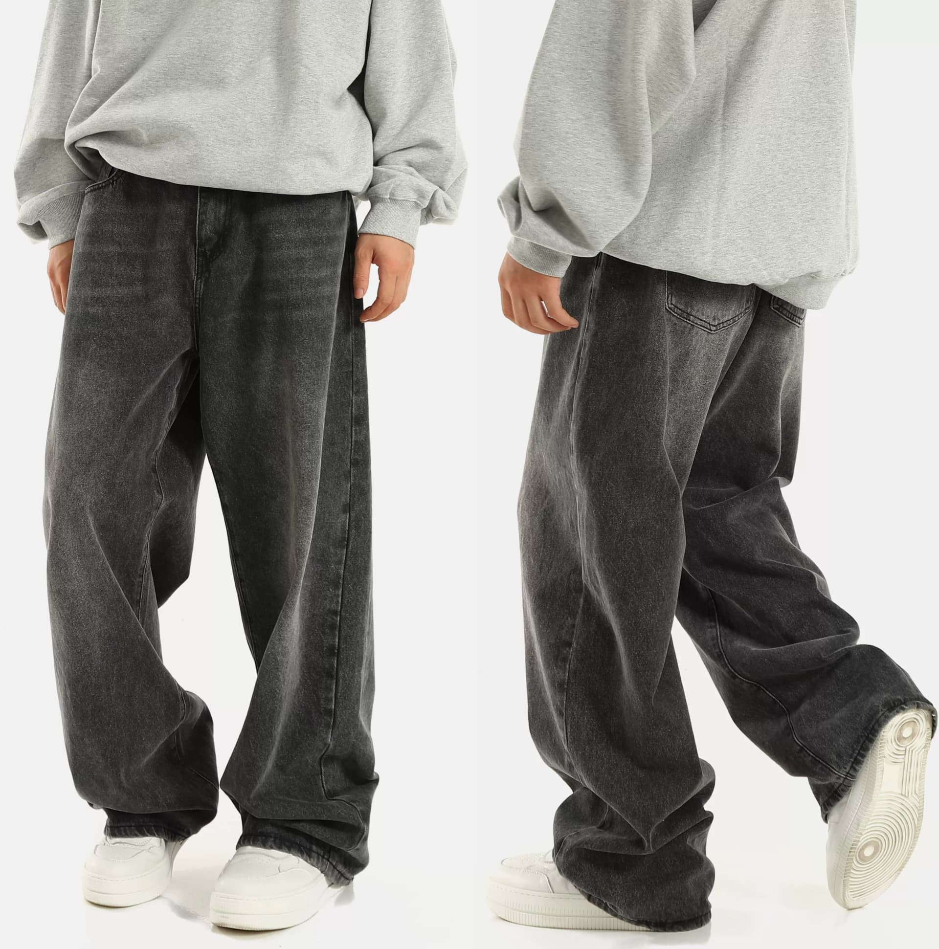 American retro smoky gray elastic waist jeans for men and women, loose straight wide leg drape pants, trendy brand from Taobao