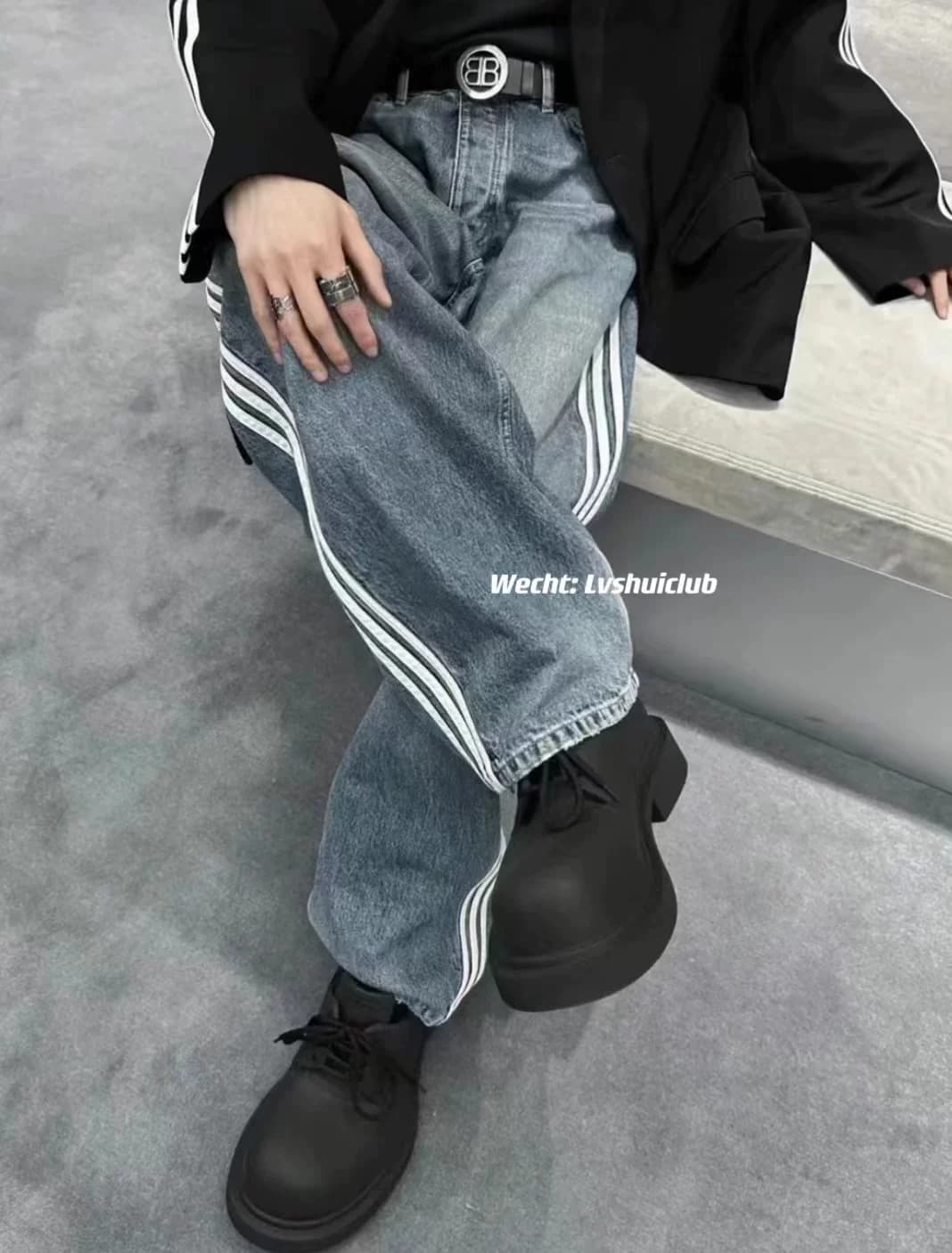 Ready stock Independent 23SS joint show striped stitching washed silhouette jeans from Taobao