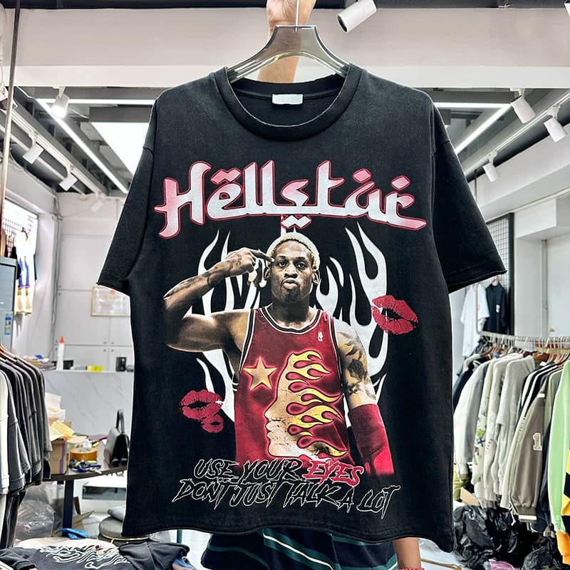 Heavy American Rodman print trendy T shirt for summer men and women loose hip hop retro distressed double collar short sleeves from Taobao