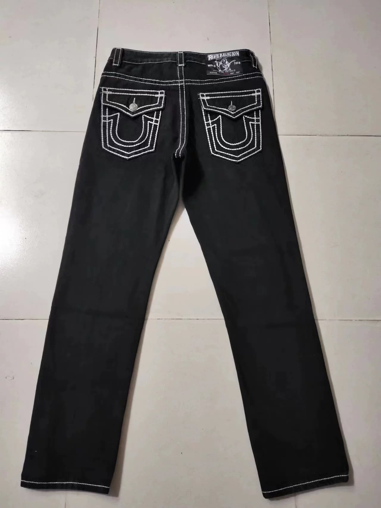 American trendy brand religious belief jeans men's Buddha large size white thick line loose straight Maitreya Buddha casual trousers from Taobao