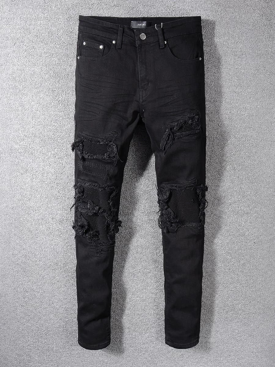 High street fashion brand AMR black jeans men's scratched holes patch beggar pants elastic slim fit skinny pants from Taobao