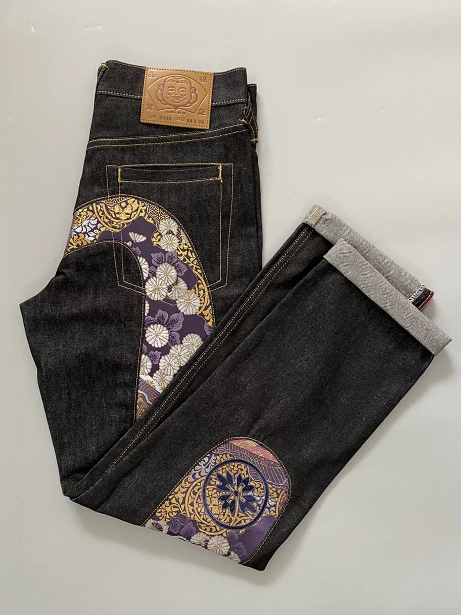 New arrivals: Fukushin jeans men's straight leg trendy brand large M purple brocade jacquard embroidered trendy pants from Taobao