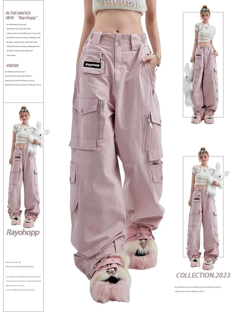 Rayohopp pink overalls women's summer dopamine wear dance trendy brand pocket decoration straight casual pants from Taobao