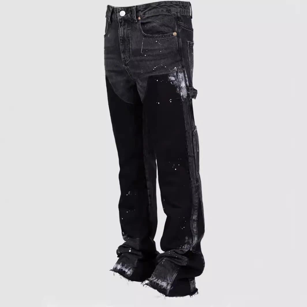 Men's denim overalls European and American fashion ins overalls hot selling elastic patch denim layered flared pants from Weidian