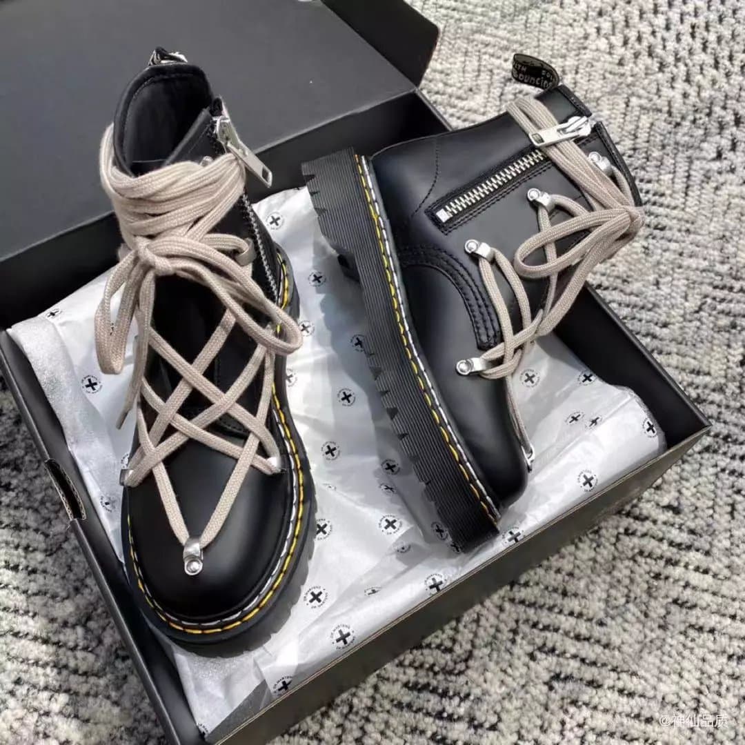 Ouyang Nana Rick Owens co branded dr martin 1460 platform bottom top layer glossy patent leather 8 hole martin boots from Weidian