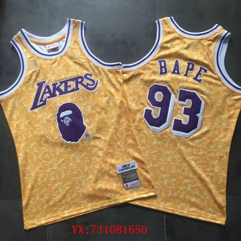 BAPE MITCHELL NESS co branded NBA Lakers jersey vest T shirt men's yellow No. 93 from Weidian