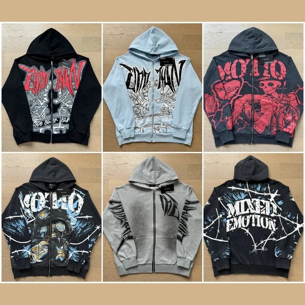 Mixed Emotion Graphic Zip Hoodie — hoodies from Weidian
